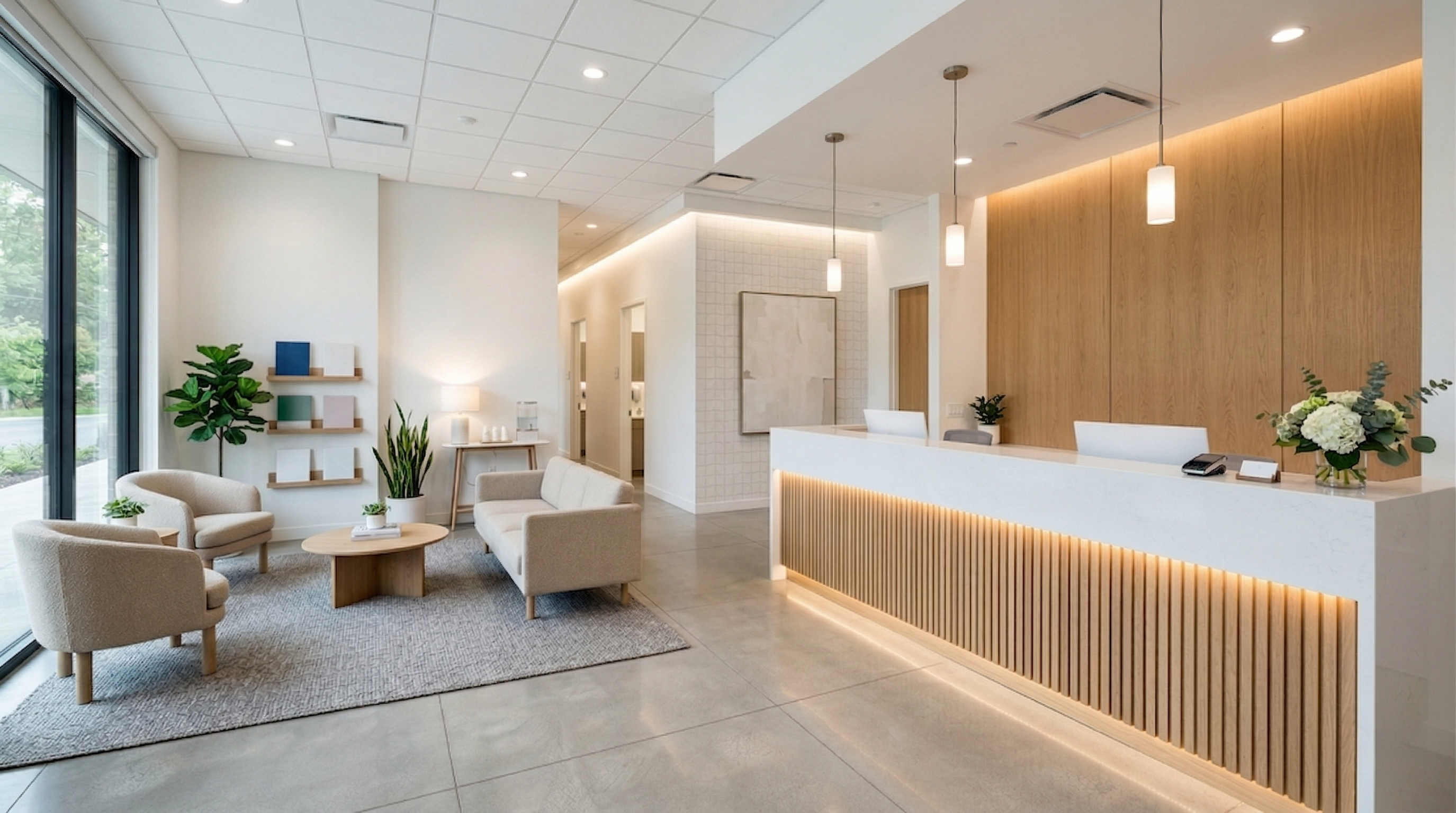 Modern dental office reception and waiting area